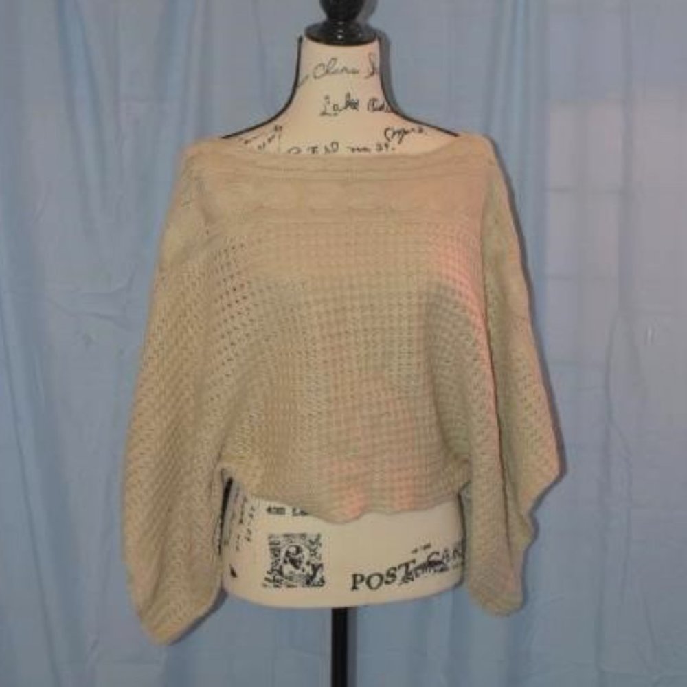 Mak Beige Large Knit Crop Sweater Poncho Peasant Wide Sleeve Neckline Shrug